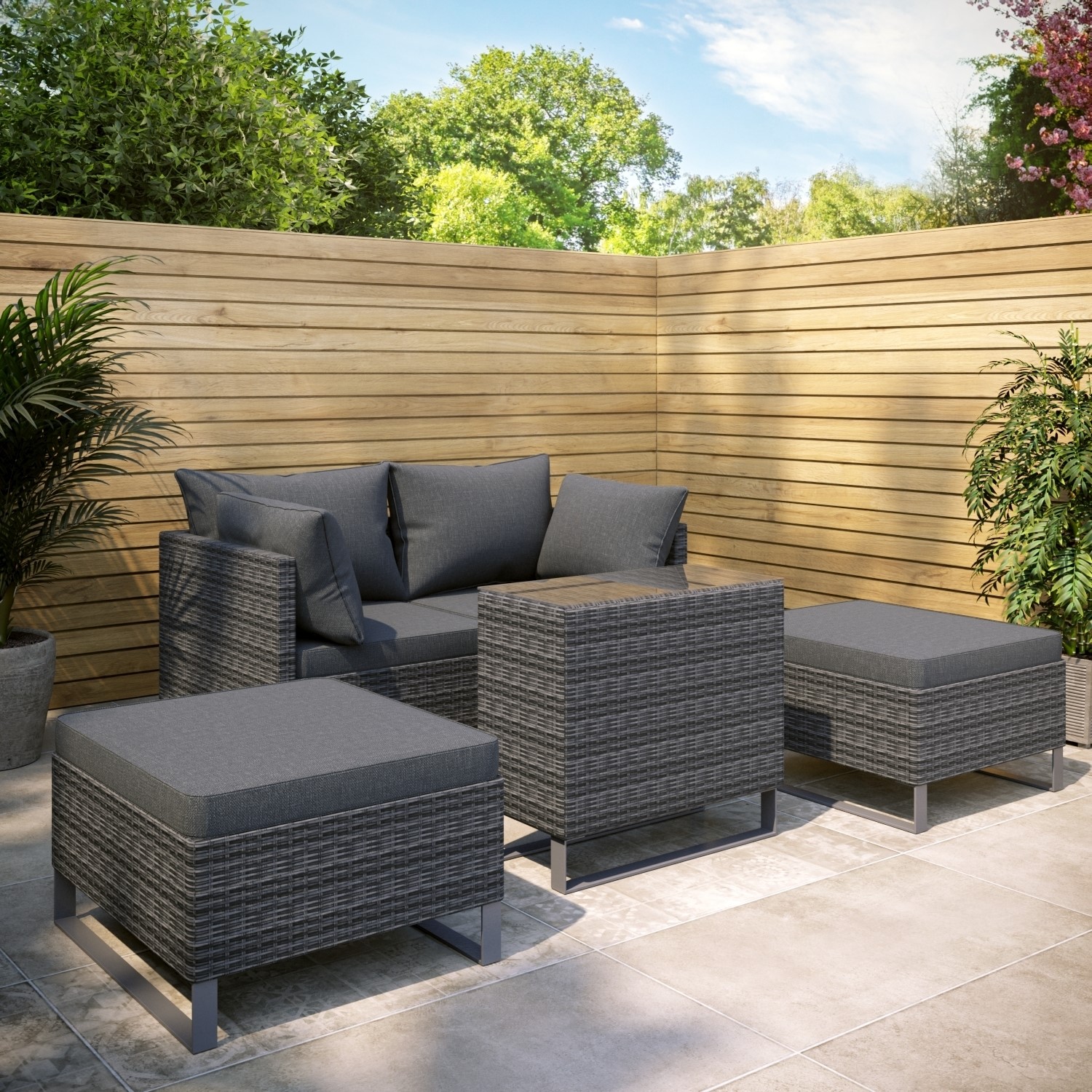Read more about 4 seater grey modular rattan garden sun lounger set with table como